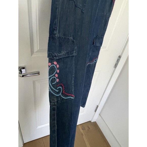 Johnny Was Workshop Embroidered Wide Leg High Elastic Waist Pants Denim Blue XS - Picture 3 of 11